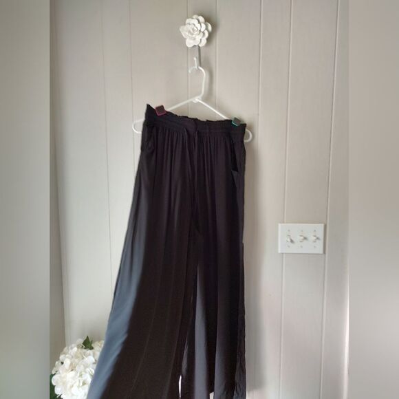 Wide Legged Draped Swishy Black Elastic Waist Drawstring Pants Size L - Picture 2 of 7